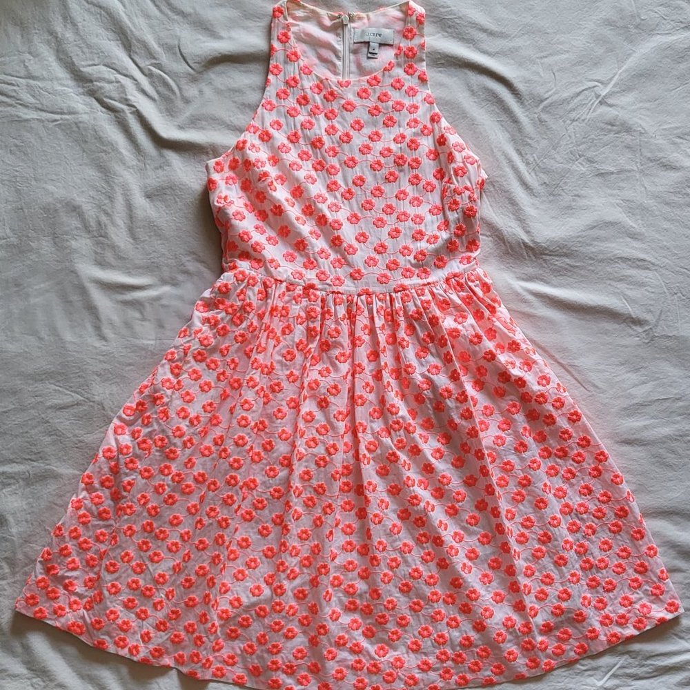 J.Crew White & Neon Pink Floral Flowers Embroidered Racerback Dress Size 4